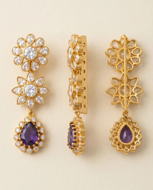 Purple Drop Double Flower Side Brooch, Gold-Tone