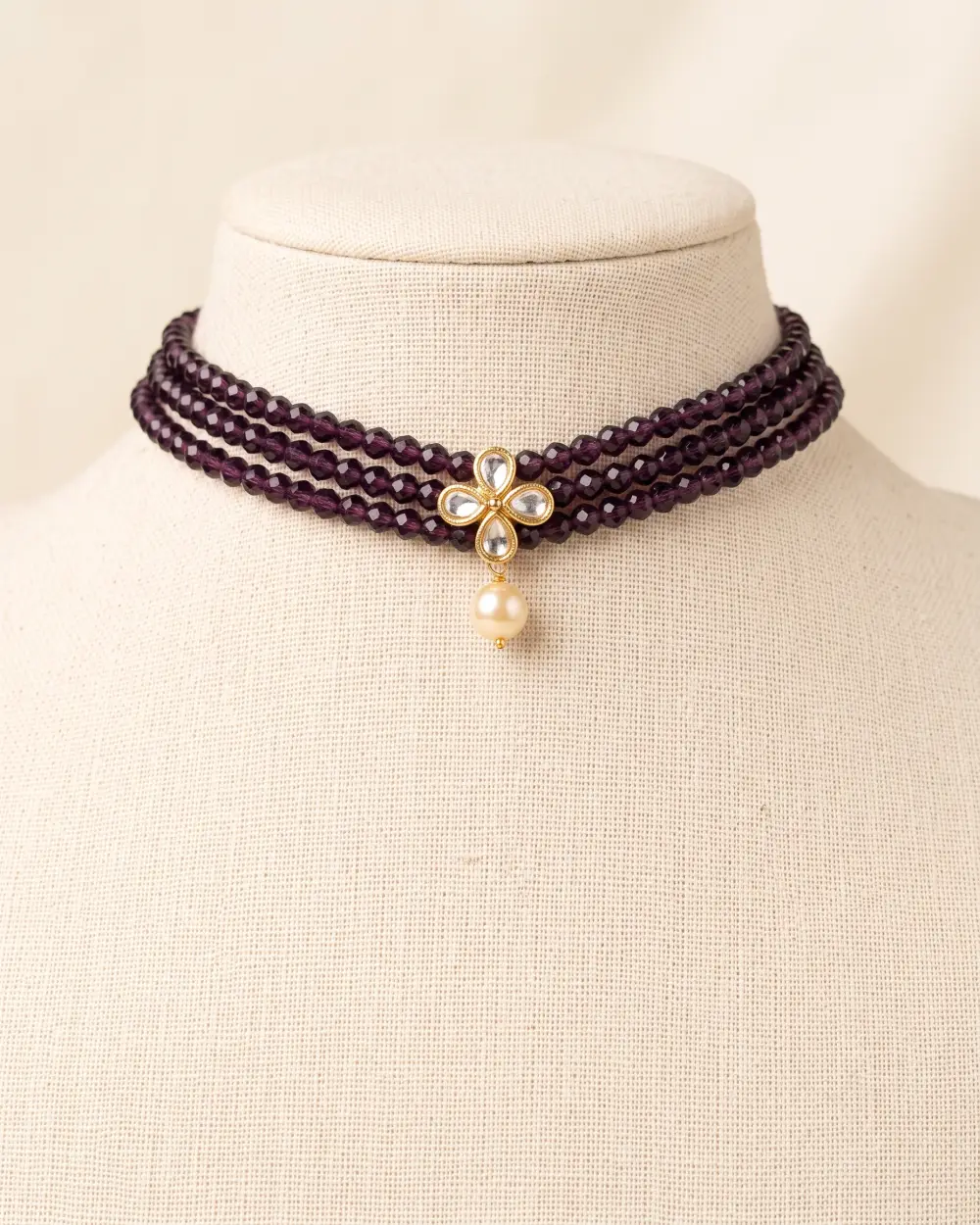 Purple Crystal Polki Flower Choker with Pearl Drop