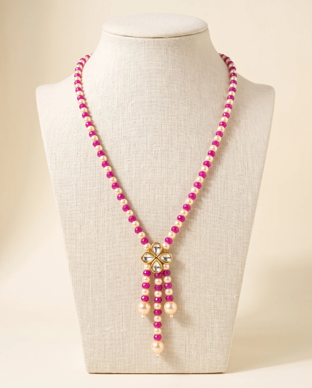 Pink & Pearl Polki Flower Necklace with Pearl Drops