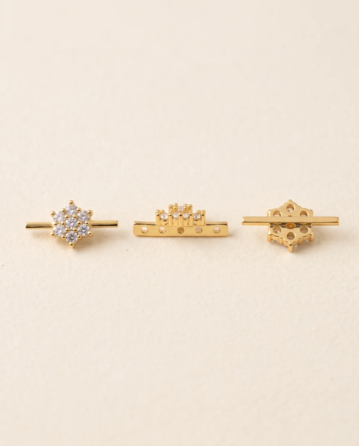 White Stone Flower Side Brooch, 5-Hole Gold-Tone Spacer Bar