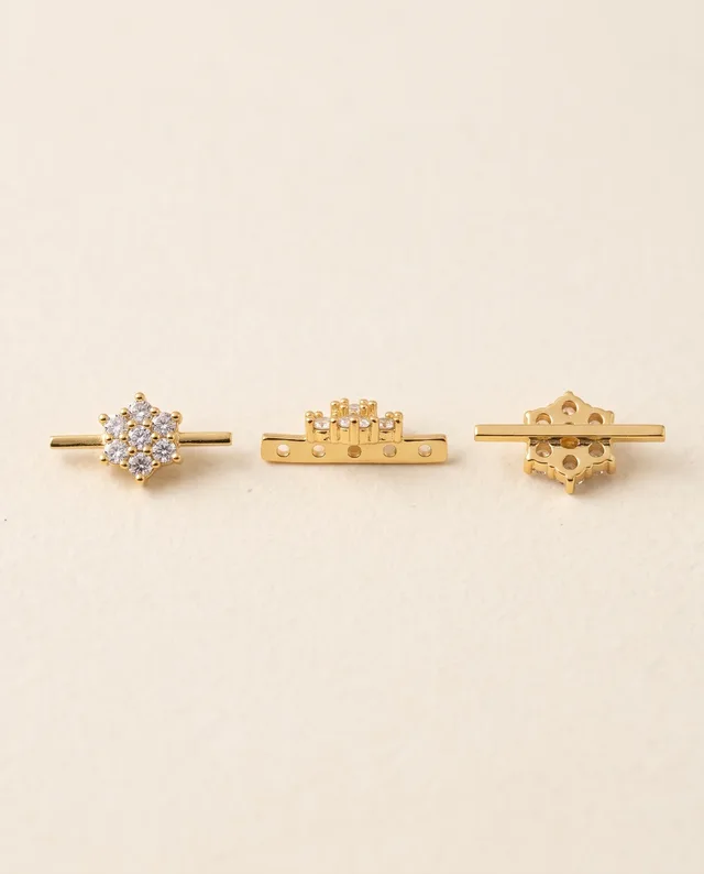 White Stone Flower Side Brooch, 5-Hole Gold-Tone Spacer Bar