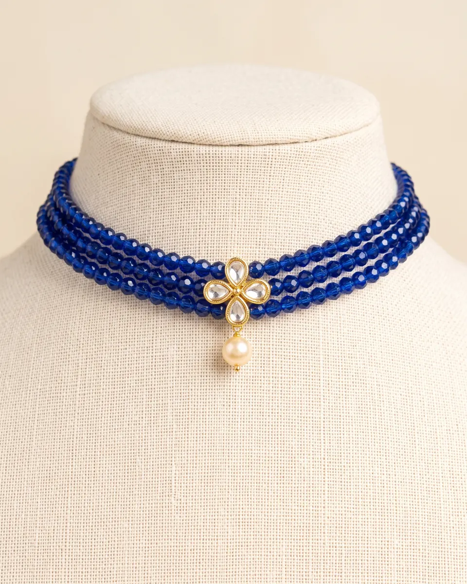 Blue Crystal Polki Flower Choker with Pearl Drop