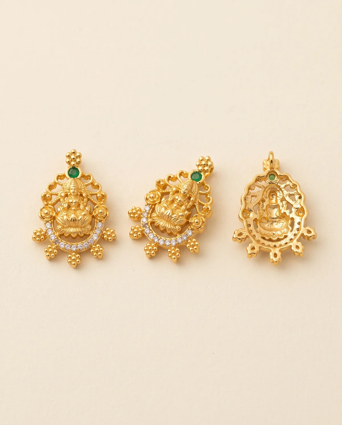 Gold Lakshmi Pendant with Green & White Stones