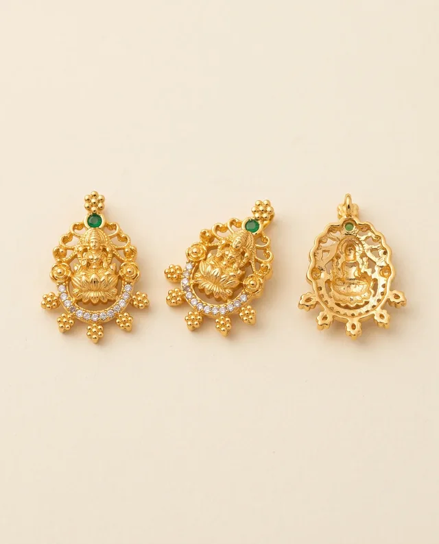Gold Lakshmi Pendant with Green & White Stones