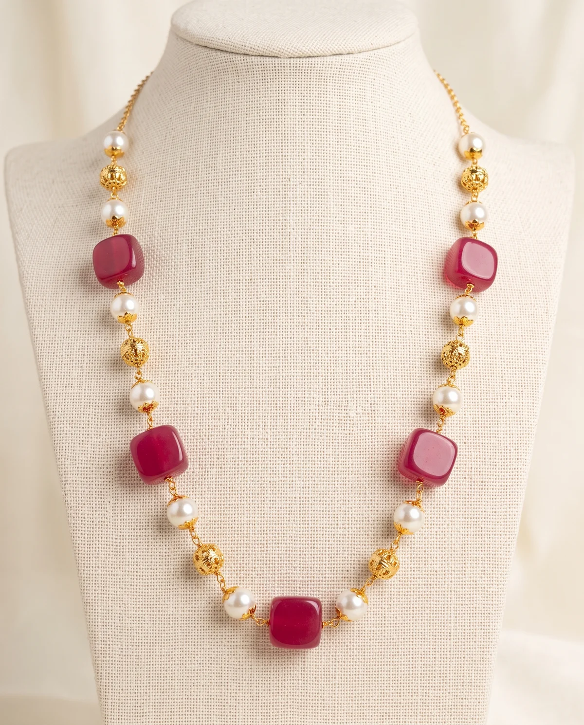 Pink Square Bead & Pearl Necklace