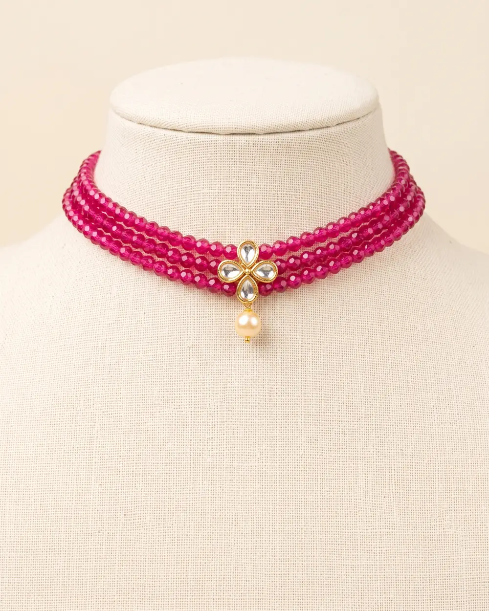 Pink Crystal Polki Flower Choker with Pearl Drop