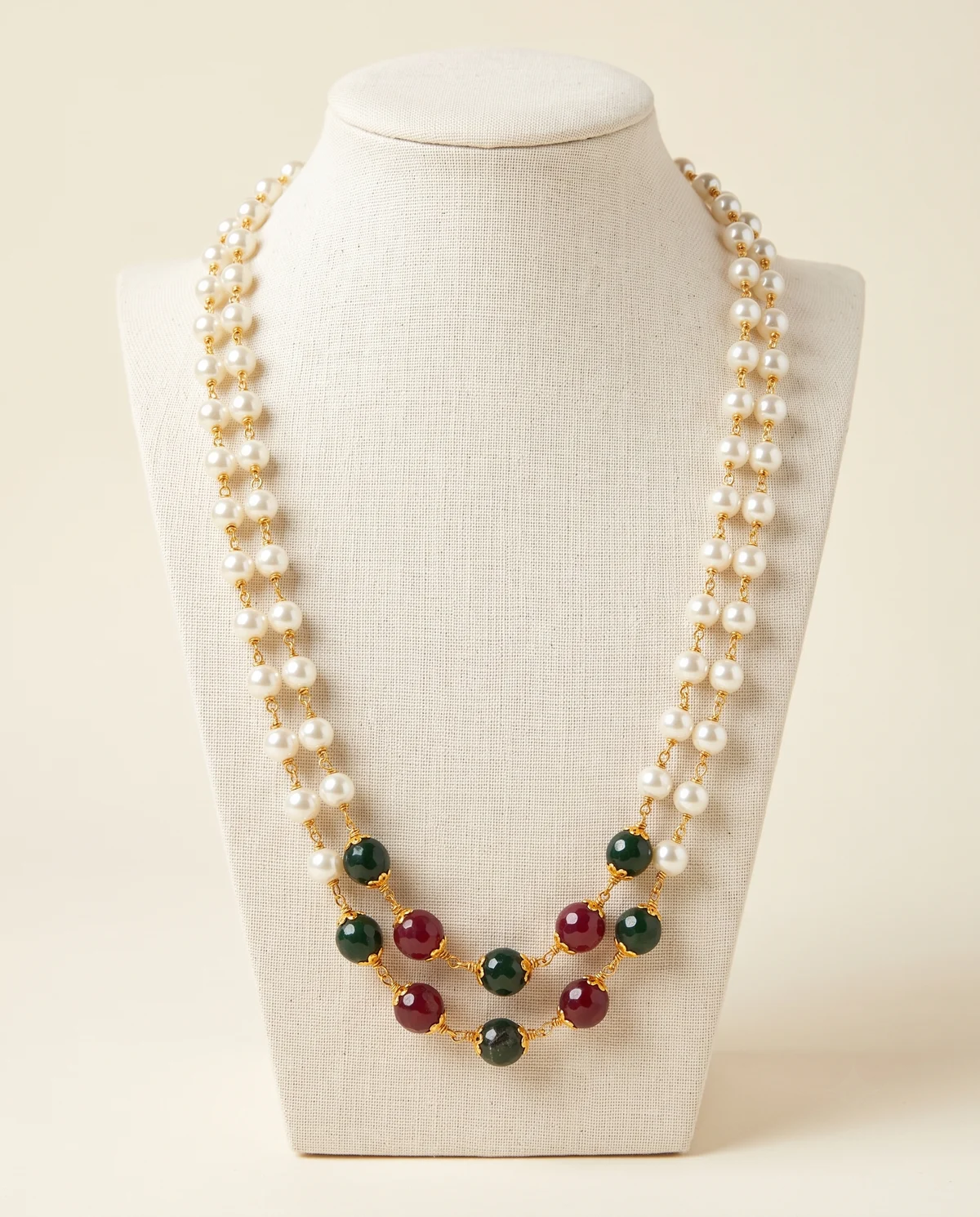 Pearl, Maroon & Green Two-Layer Bead Necklace