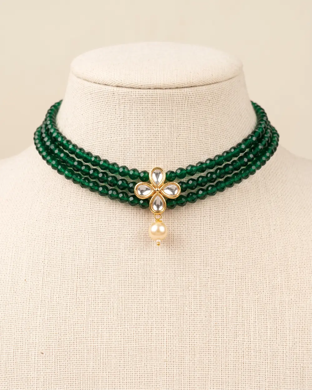 Green Crystal Polki Flower Choker with Pearl Drop