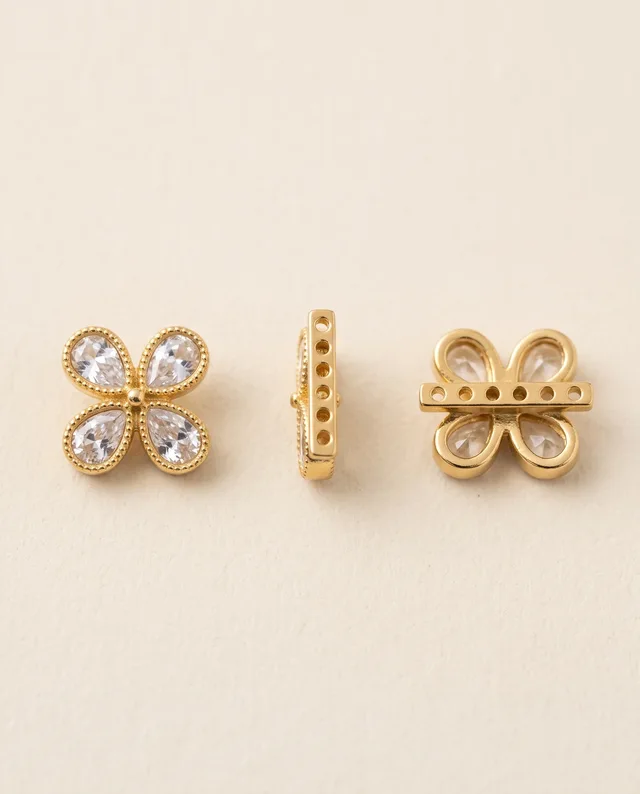 White Stone Four-Petal Side Brooch, 6-Hole Gold-Tone Spacer Bar