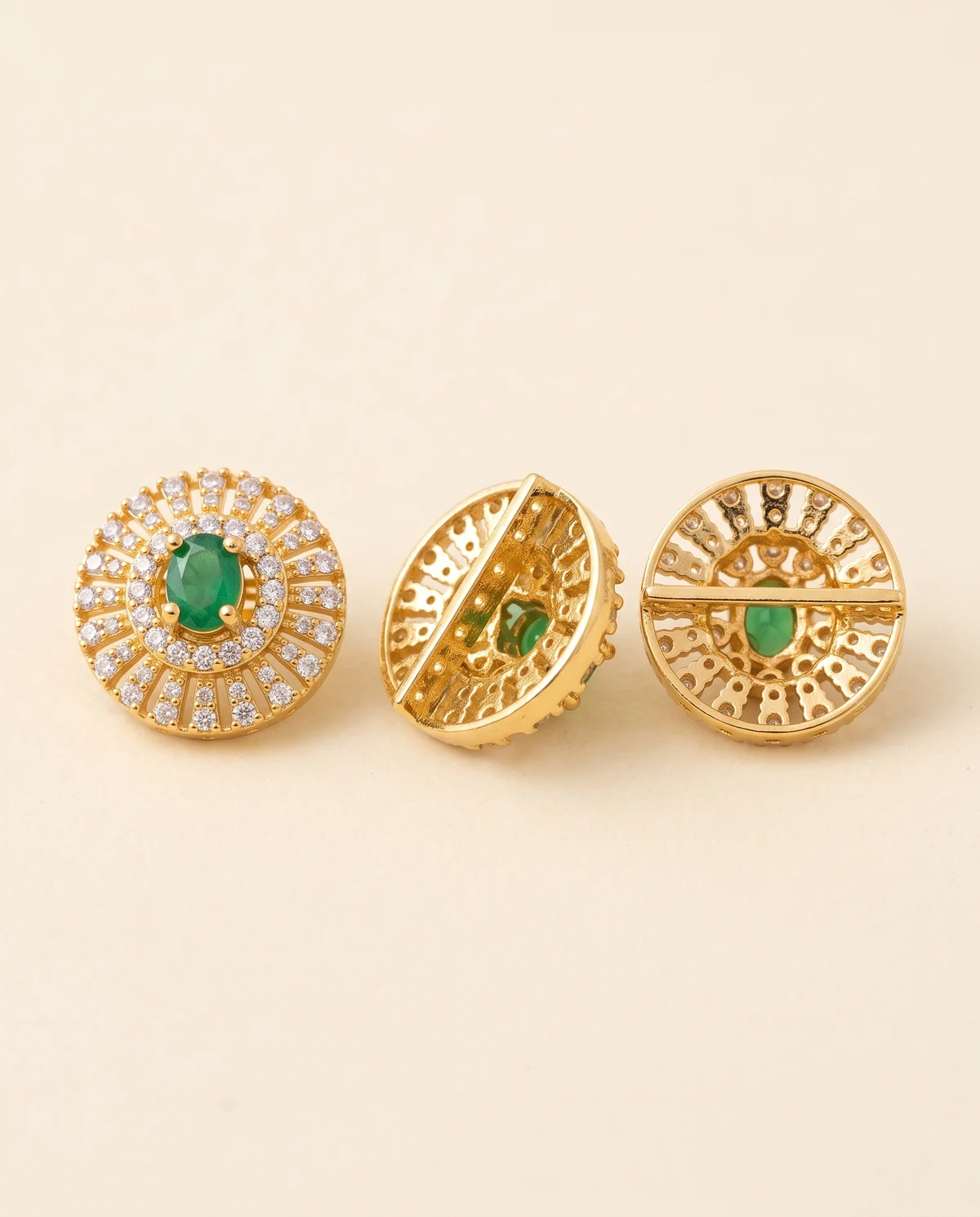 Green Stone Round Dome Side Brooch, Gold-Tone