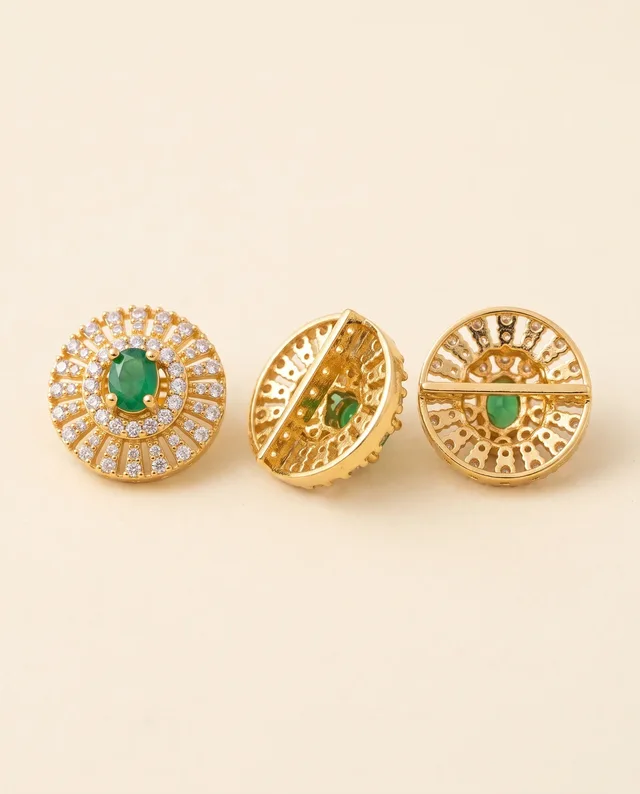 Green Stone Round Dome Side Brooch, Gold-Tone