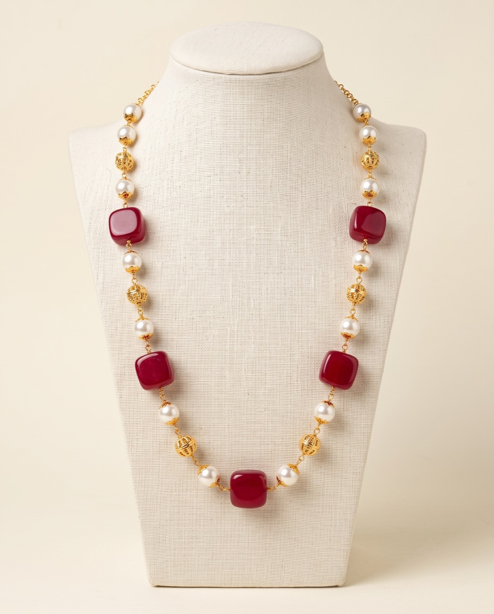Ruby Red Square Bead & Pearl Necklace