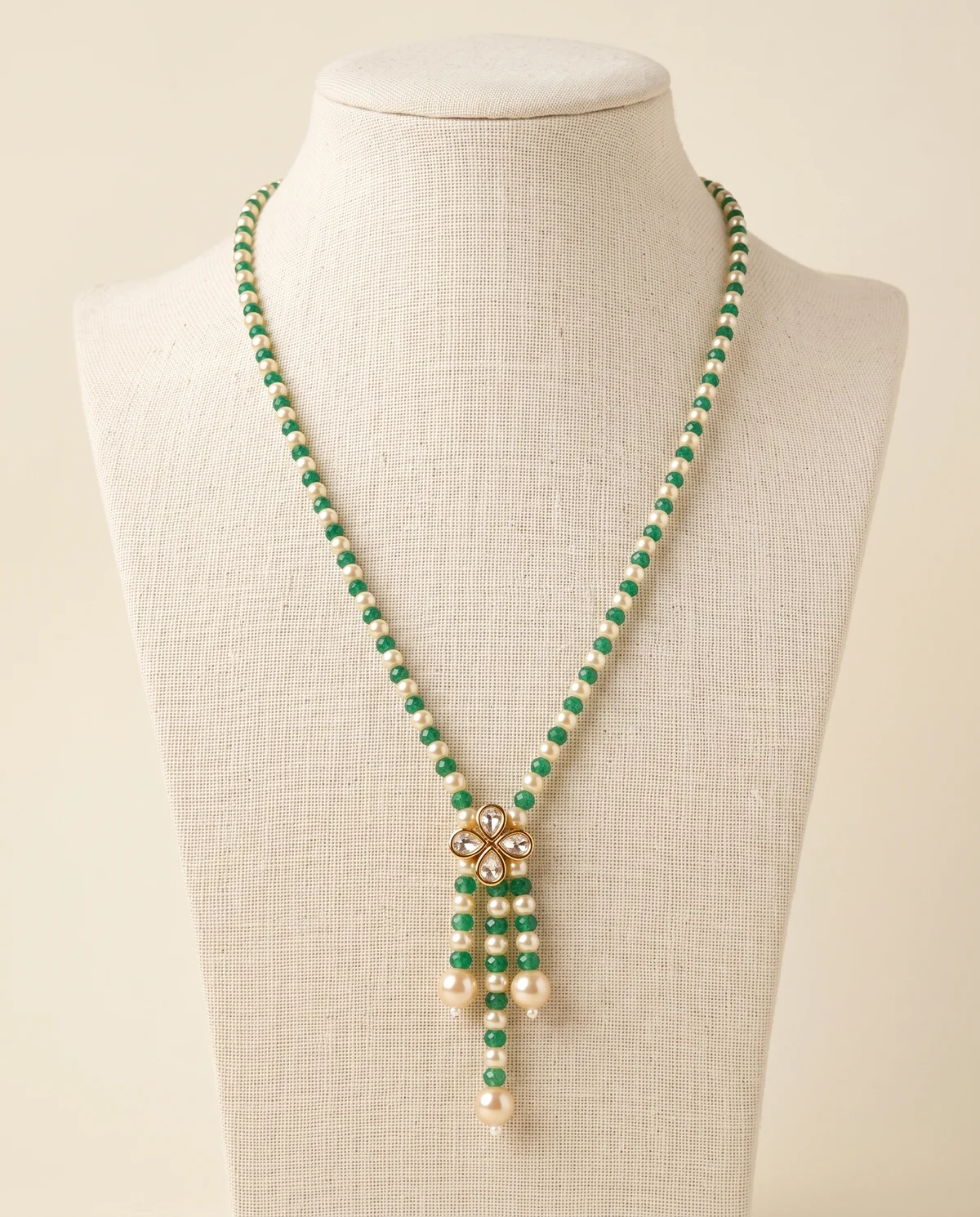 Green & Pearl Polki Flower Necklace with Pearl Drops