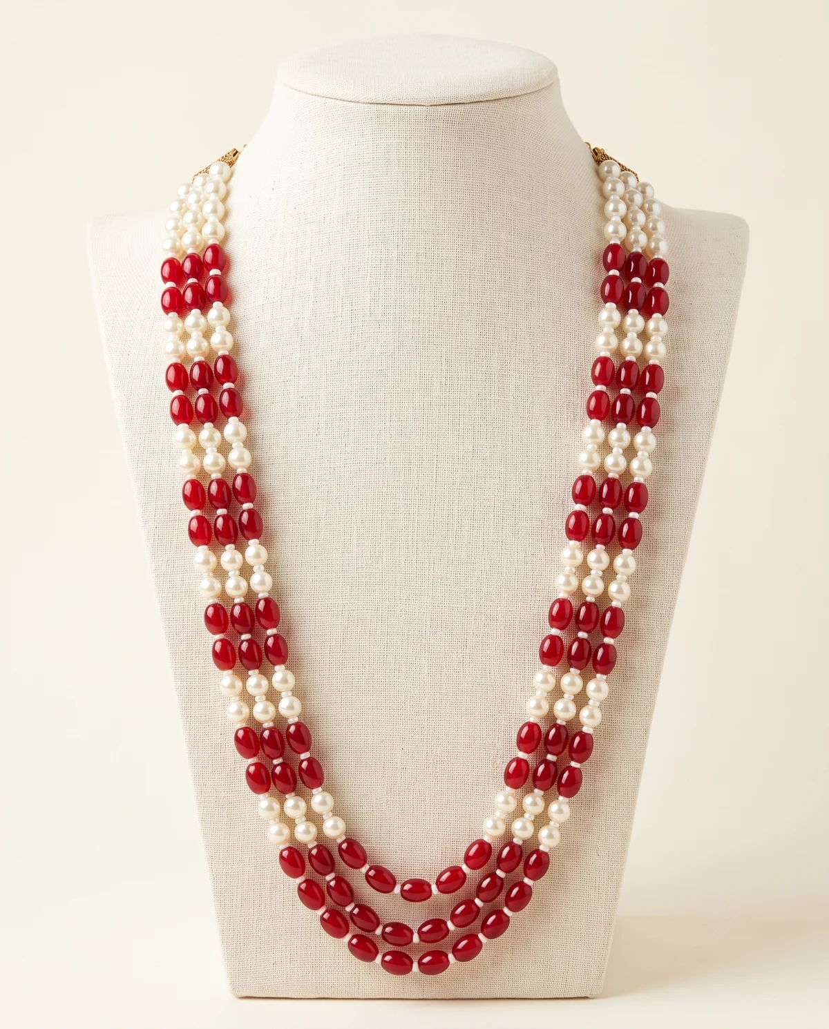 Red & Pearl Three-Layer Bead Necklace