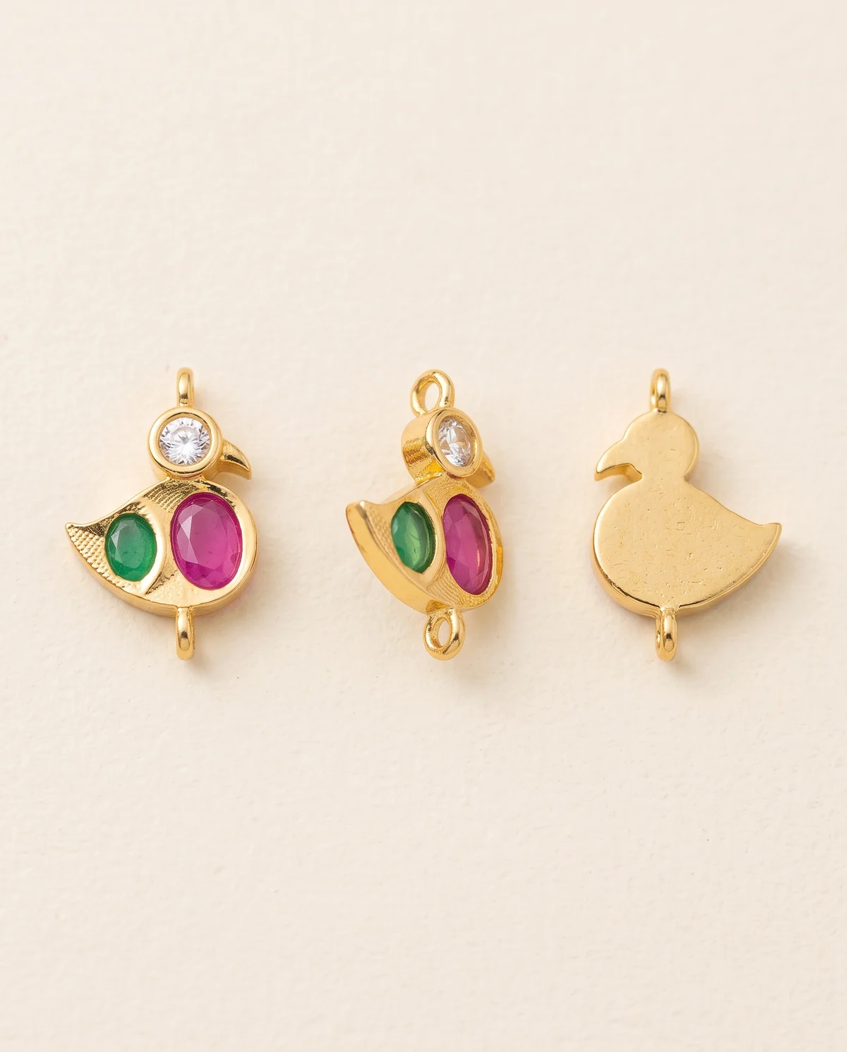 Gold Bird Connector Charm with Ruby Pink & Green Stones