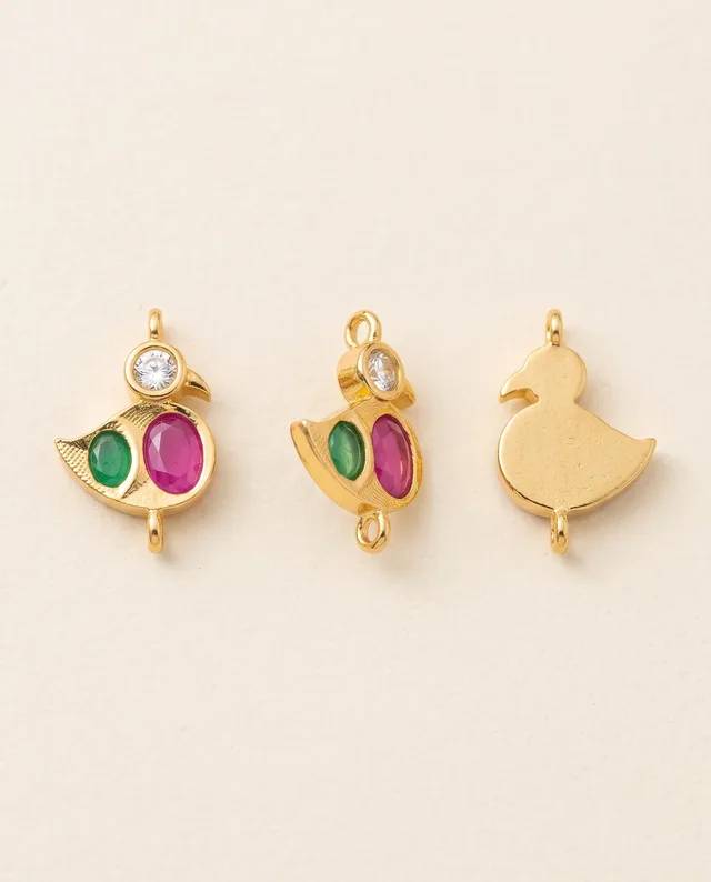 Gold Bird Connector Charm with Ruby Pink & Green Stones
