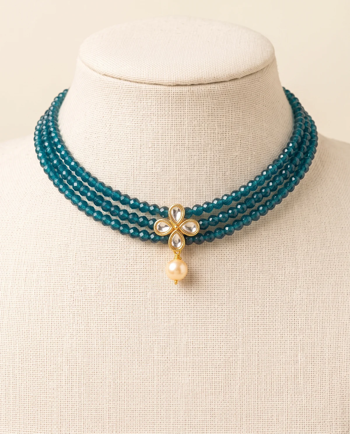 Teal Crystal Polki Flower Choker with Pearl Drop