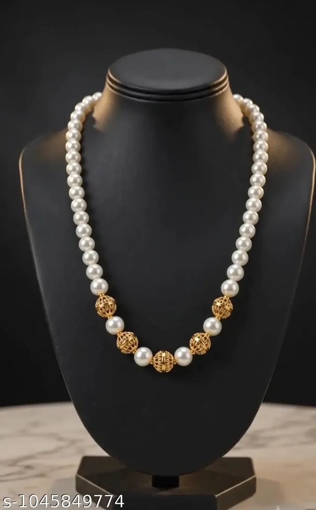 Pearl Necklace with Golden Beads