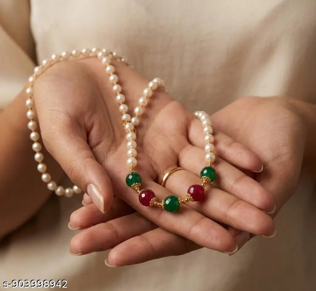 Pearl Strand with Ruby & Emerald Beads