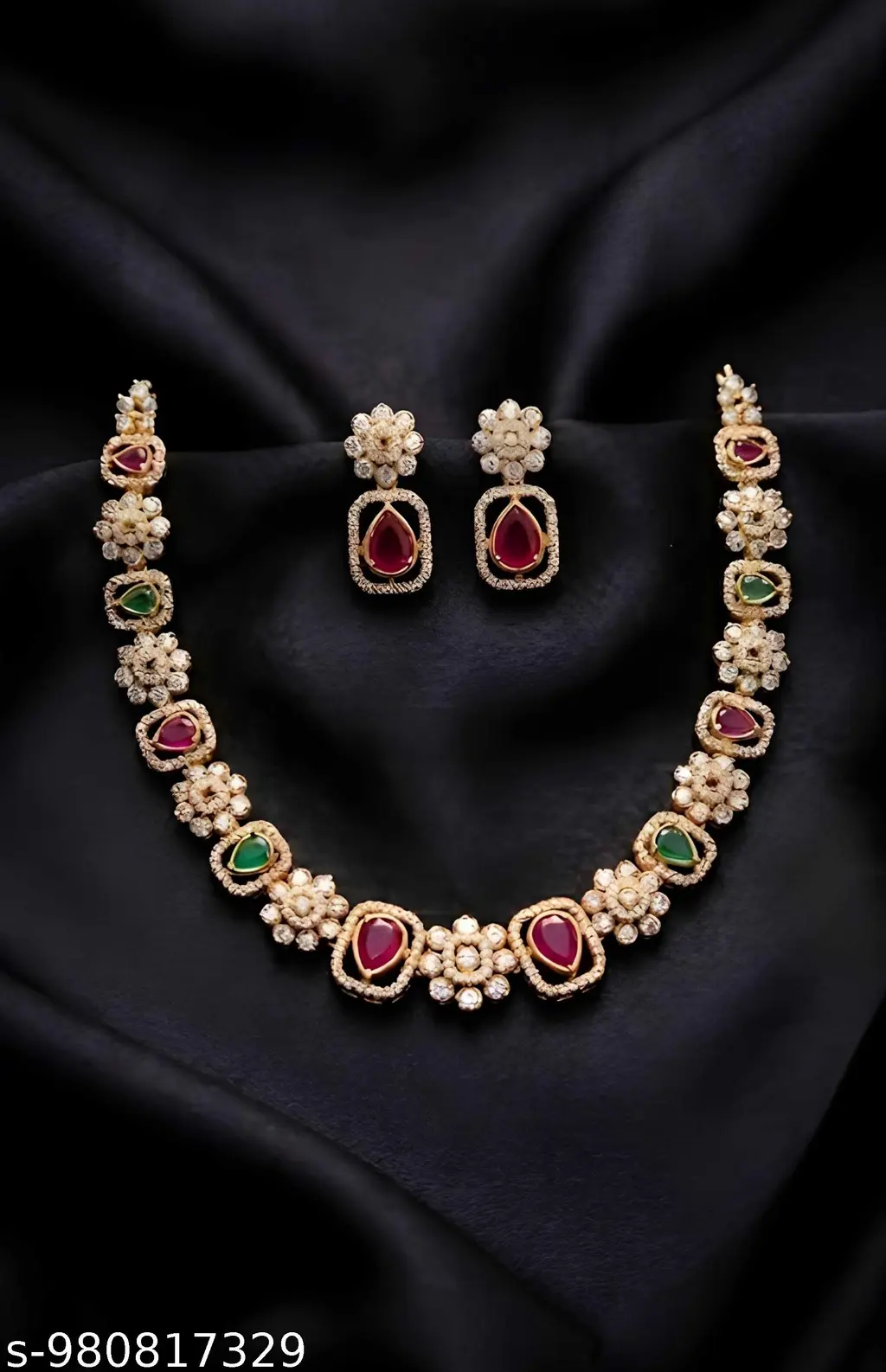 Pink & Green CZ Floral Necklace Set