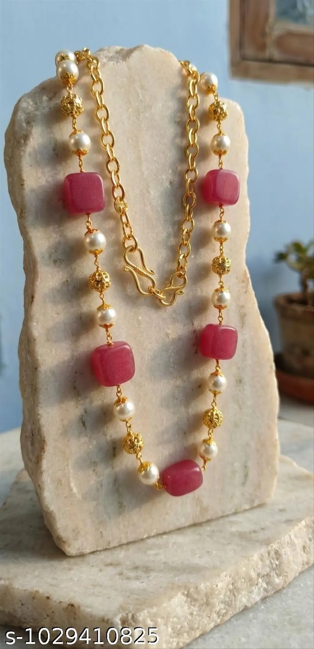 Pink Stone & Pearl Bead Chain