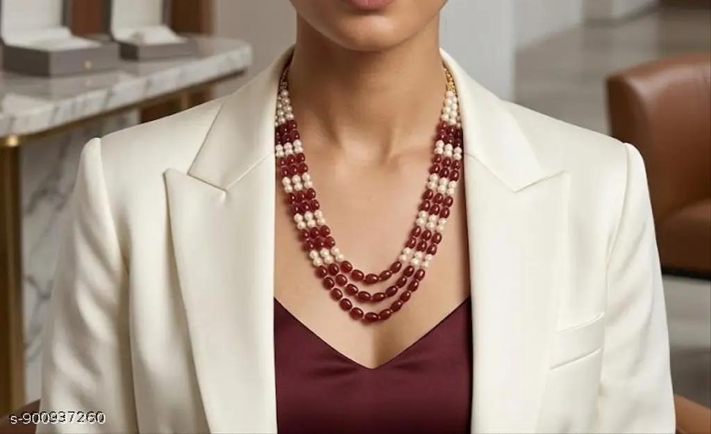 Red Bead & Pearl Layered Necklace