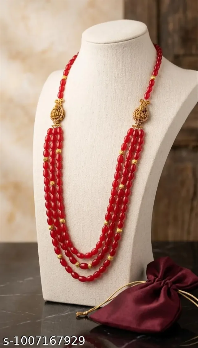 Three-Layer Red Bead Long Necklace
